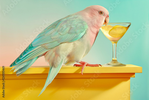 A pink parrot perched on a vibrant yellow ledge sipping from a martini glass filled with a citrus drink. Playful tropical scene with pastel tones and modern aesthetics.