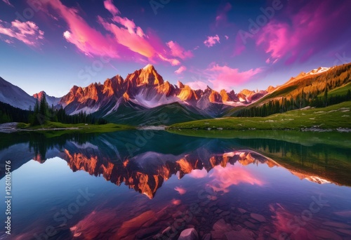 vibrant mountain reflections crystal clear water surrounded lush greenery brightly colored sky, lake, clouds, nature, landscape, light, beauty, outdoor