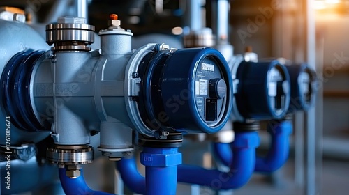 Sunset view of industrial water pumps highlighting their structure and components, showcasing engineering and operation