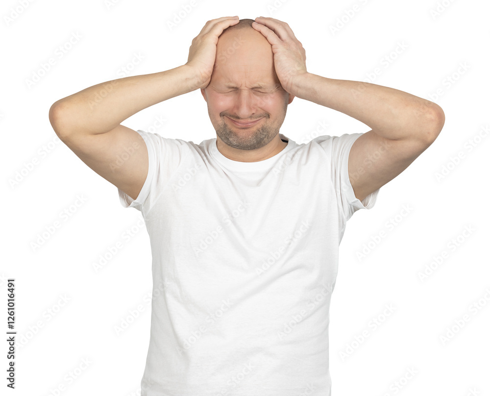 Fototapeta premium Man in white t-shirt suffering from intense headache and stress