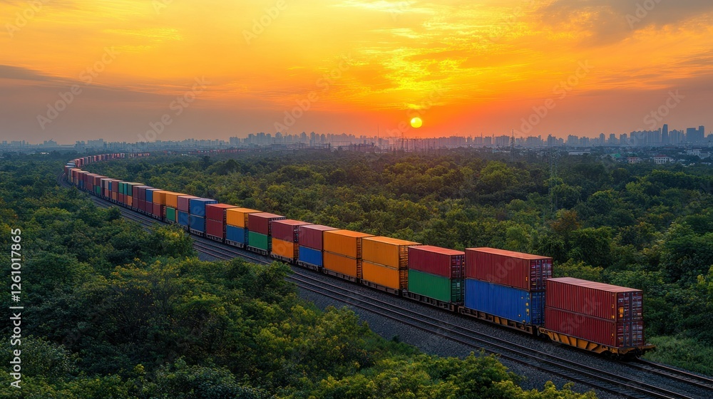 Fototapeta premium Colorful cargo train at sunset over city and forest