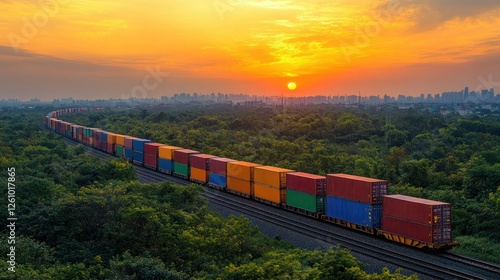 Colorful cargo train at sunset over city and forest