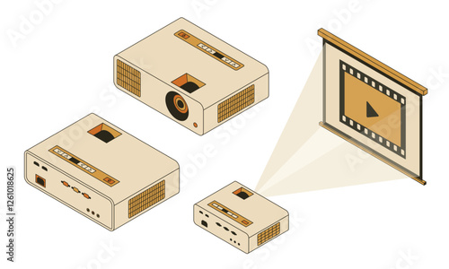 Various models of projectors showcasing projected content on a screen in a modern setting