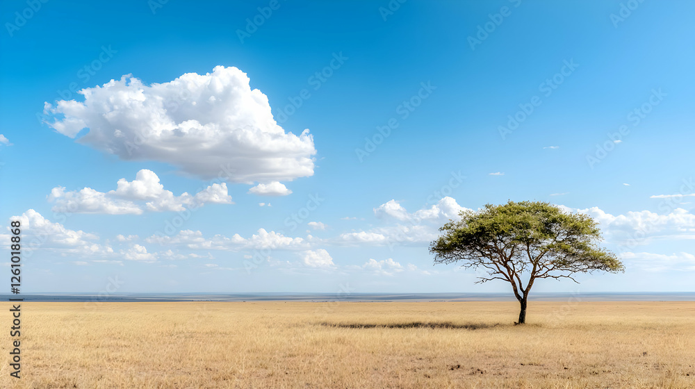 Lone acacia tree in African savanna under blue sky Lone acacia tree in African savanna under blue sky