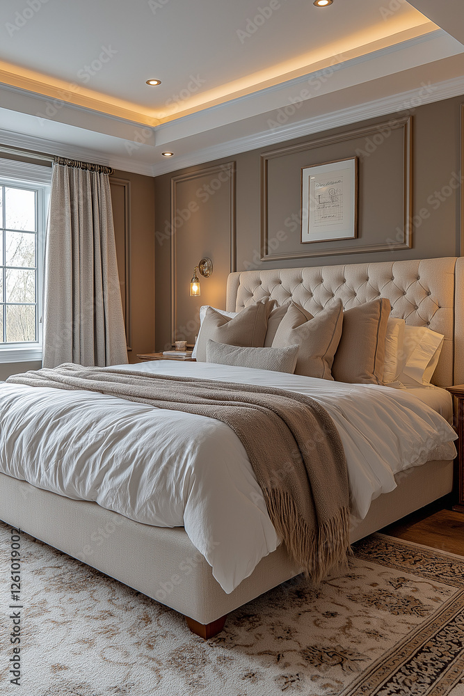 Obraz premium Photographie immobilière d'une chambre parentale moderne avec lit capitonné, éclairage LED et ambiance luxueuse. HDR, 3D, design, tendance, architecte