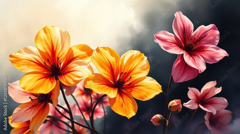 Delicate watercolor flowers showcase a blend of warm and cool hues, beautifully arranged against a light background, perfect for a variety of decorative uses