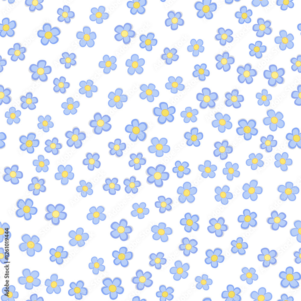 Seamless pattern of blue flowers. Design in country style for baby girls. Delicate blue flowers on white background. Lots of little random five petals flowers. Cute floral background. Seamless pattern of blue flowers. Design in country style for baby girls. Delicate blue flowers on white background. Lots of little random five petals flowers. Cute floral background.