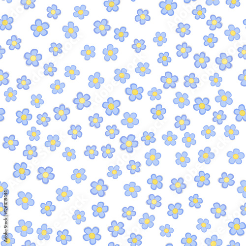 Seamless pattern of blue flowers. Design in country style for baby girls. Delicate blue flowers on white background. Lots of little random five petals flowers. Cute floral background.