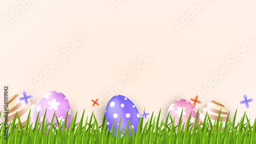 Blank Happy Easter day concept with 3d cartoon style with eggs and flower.