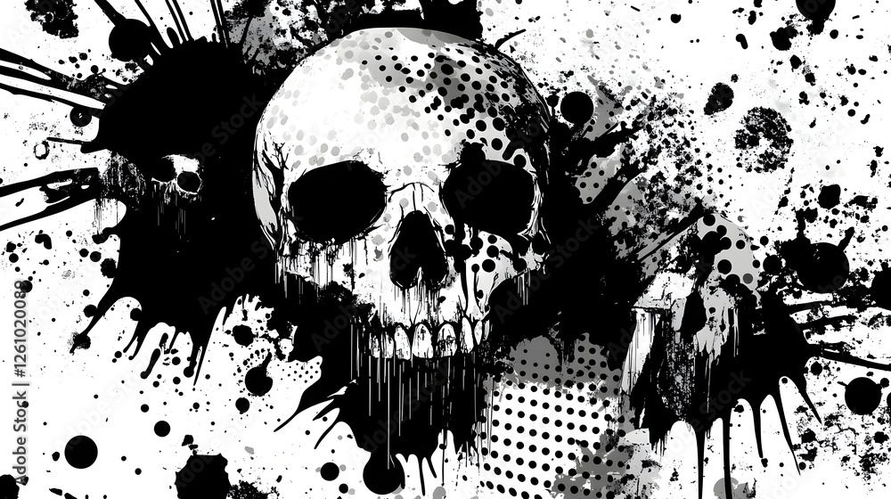 Fototapeta premium Grunge Skull Splatter Explosion Abstract Monochrome Horror Art with Ominous Grim Reaper Vibes Dark Edgy and Unsettling Gothic Imagery for Horror Themed Designs and Backgrounds