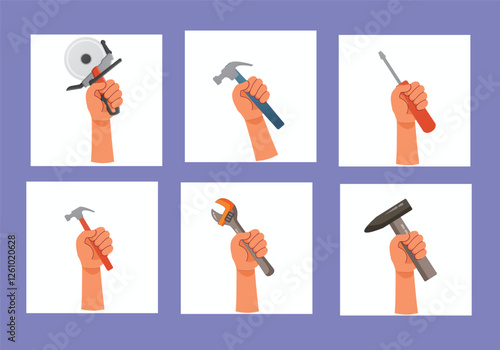 Labour day or 1st May day 6 holding tools in hand elements design vector illustration.