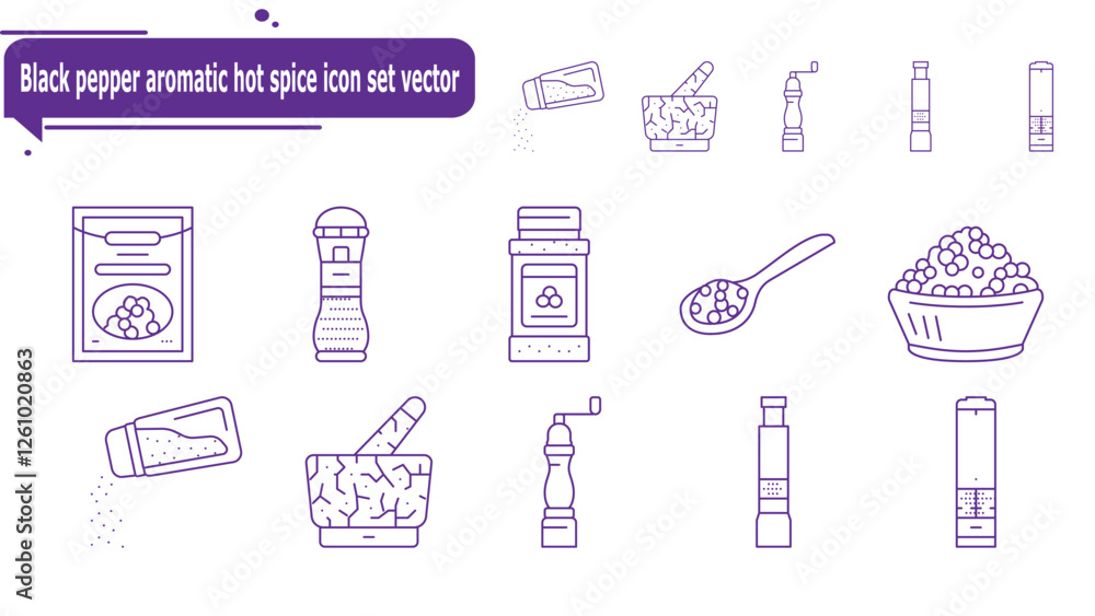 Black pepper aromatic hot spice icon set vector Black pepper aromatic hot spice icon set vector