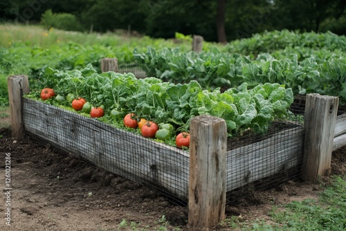 Growing vegetables in raised garden beds protecting with wire mesh photo