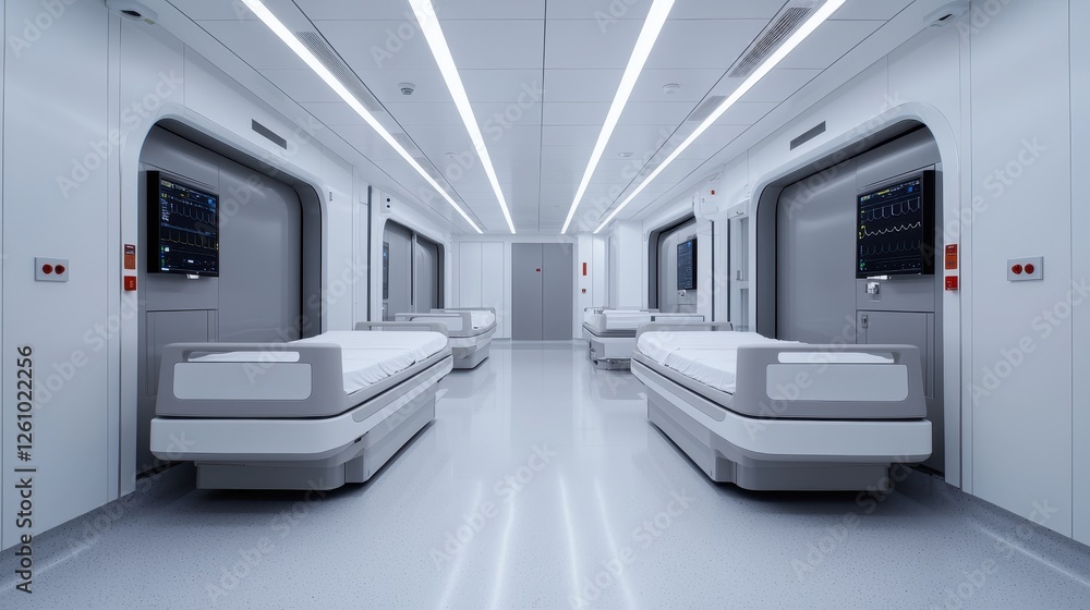 A sterile, modern hospital room with multiple beds, bright lighting, and advanced medical equipment, promoting a clean and efficient healthcare environment. A sterile, modern hospital room with multiple beds, bright lighting, and advanced medical equipment, promoting a clean and efficient healthcare environment.