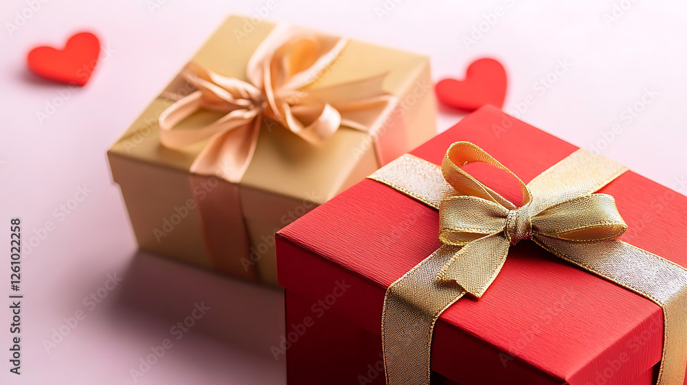Fototapeta premium Two boxes with bows on them, one is red and the other is brown. generated using AI