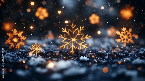 Golden Snowflakes Glimmering In Winter Night