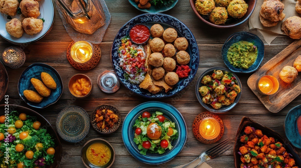 Flat Lay of Beautifully Set Iftar Table with Colorful Dishes, Warm Soft Light, and Lanterns Flat Lay of Beautifully Set Iftar Table with Colorful Dishes, Warm Soft Light, and Lanterns