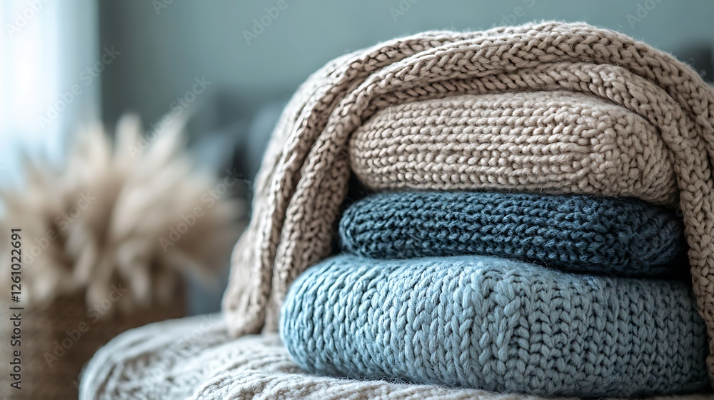 Cozy knit sweaters stacked indoors, autumn background, home decor Cozy knit sweaters stacked indoors, autumn background, home decor