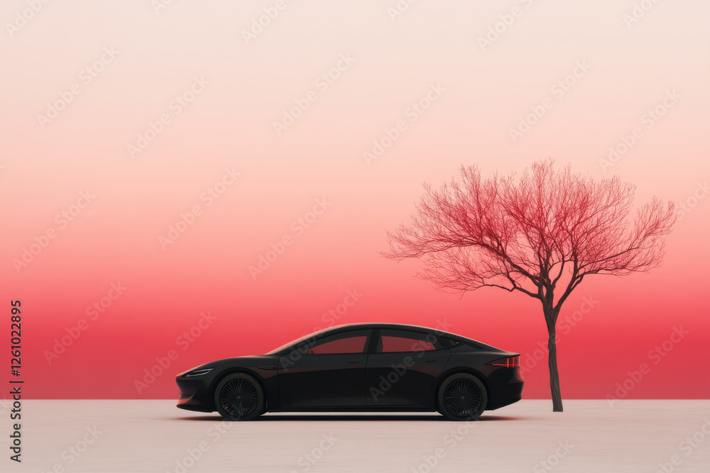 Fototapeta premium A black car is parked in front of a tree