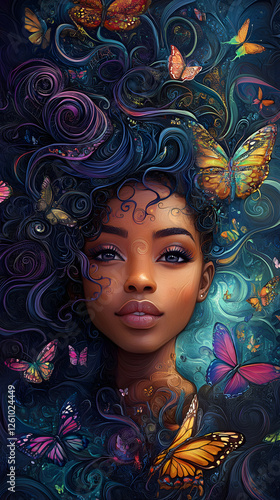 An African American woman with an elaborate, flowing hairstyle adorned by butterflies and swirls of colors
