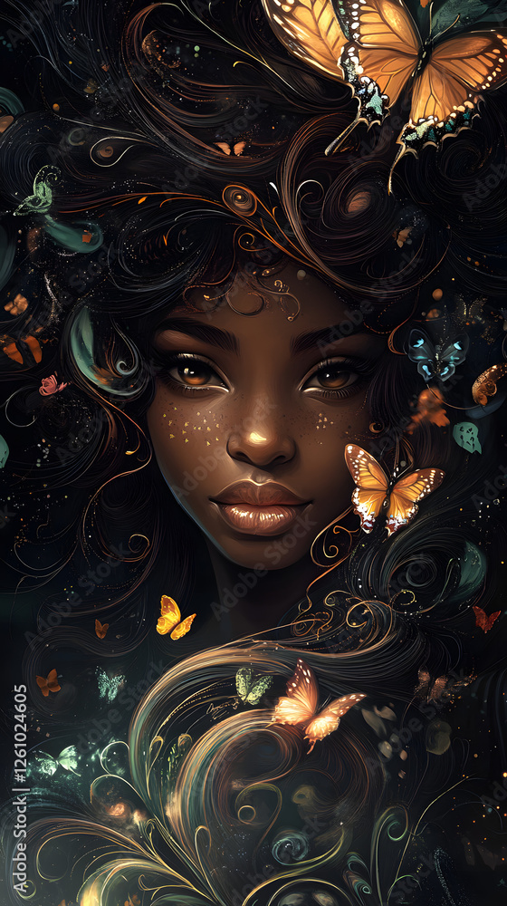 Fototapeta premium An African American woman with an elaborate, flowing hairstyle adorned by butterflies and swirls of colors 