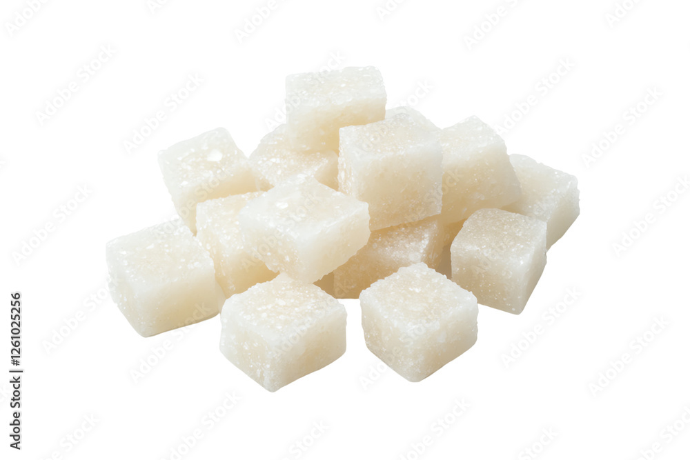 A pile of white sugar cubes on a white background, perfect for culinary uses, baking, and sweetening beverages. A pile of white sugar cubes on a white background, perfect for culinary uses, baking, and sweetening beverages.