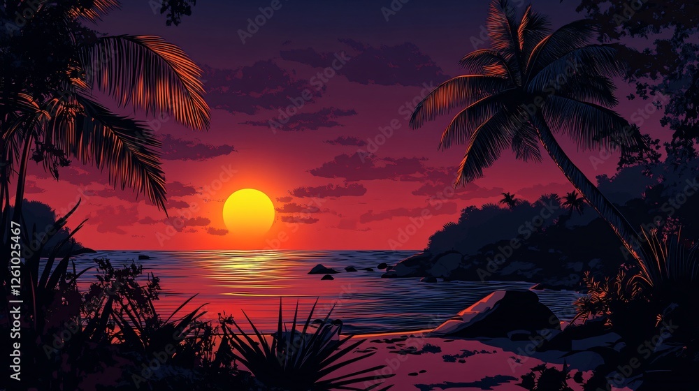 Obraz premium Tranquil Seascape Silhouette of Sunset on the Shore