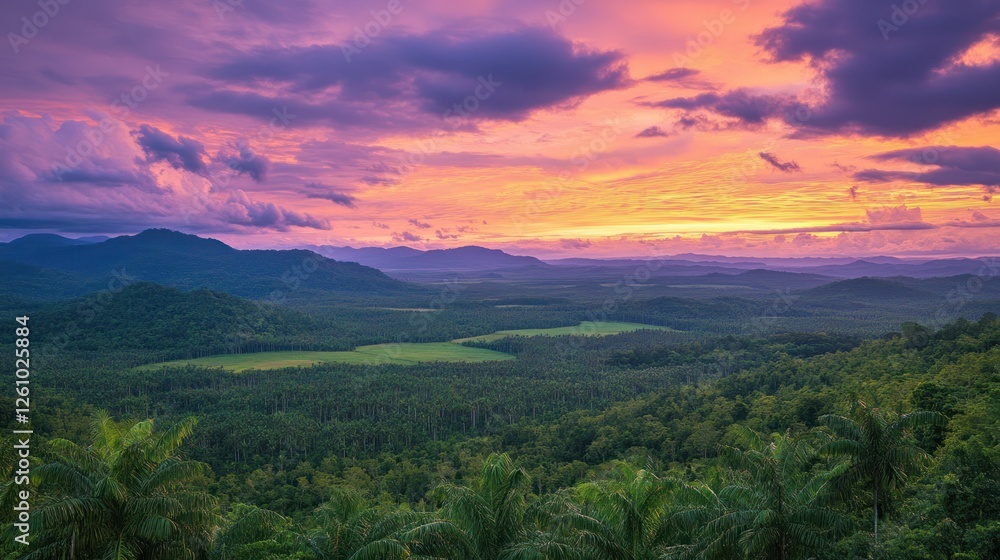 Vibrant Sunset Over Lush Tropical Mountains and Forests Vibrant Sunset Over Lush Tropical Mountains and Forests