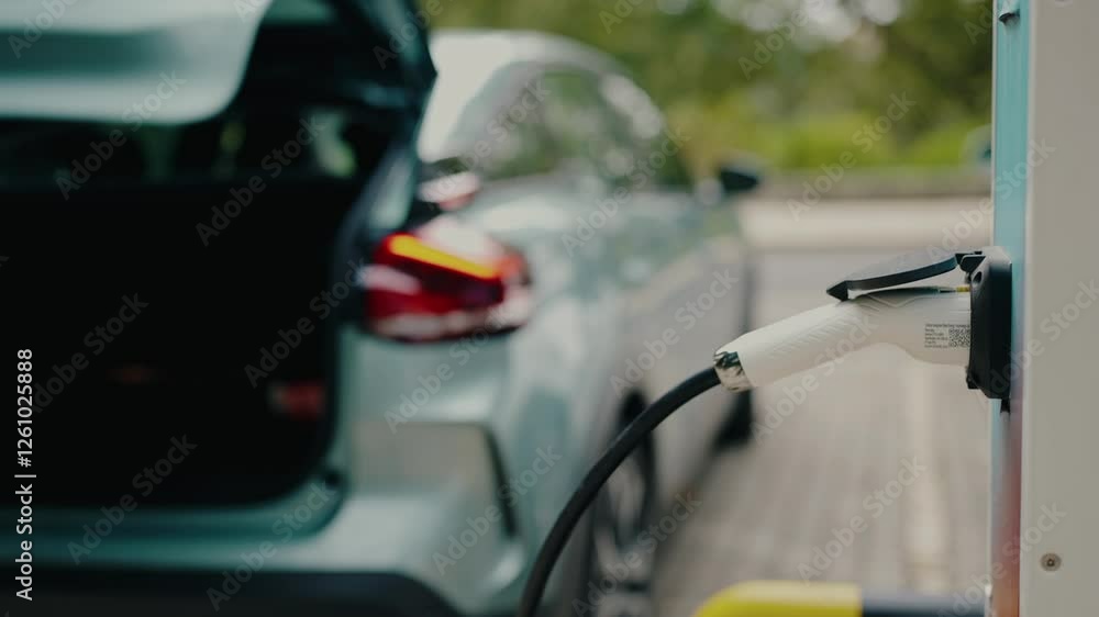 Close-up of an electric car plugged into a charging station, representing eco-friendly transportation and sustainable energy solutions. Person Charging Electric Car at Public Charging Station Outdoors Close-up of an electric car plugged into a charging station, representing eco-friendly transportation and sustainable energy solutions. Person Charging Electric Car at Public Charging Station Outdoors