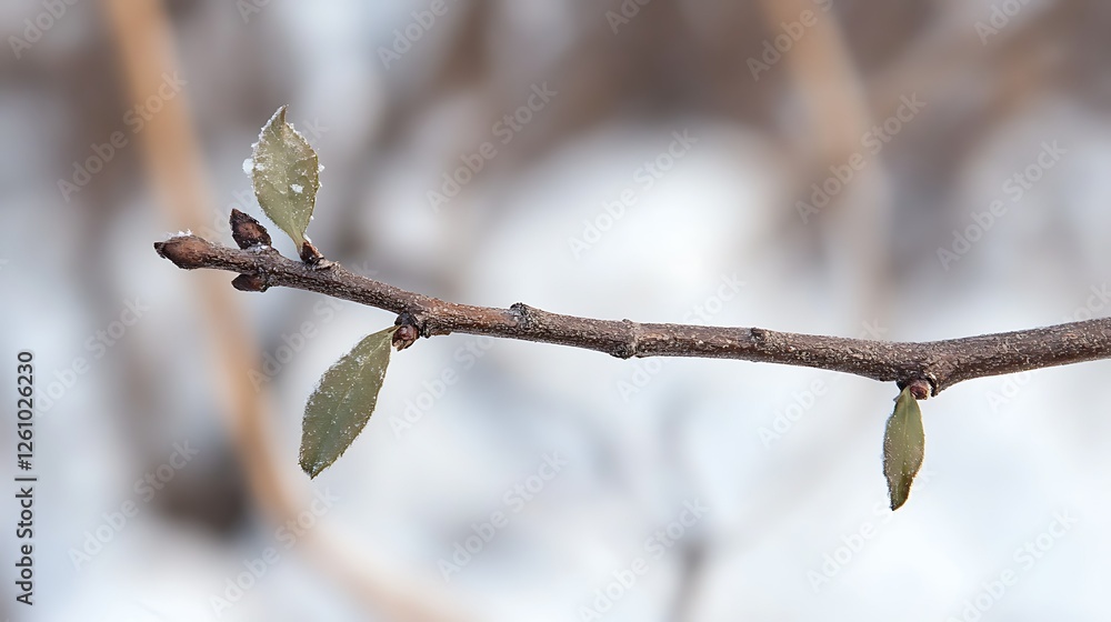 Winter branch, new leaves, snow, blurred background, nature