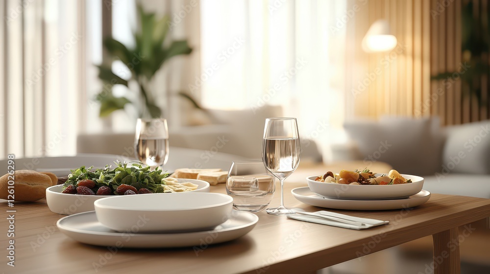 Minimalist Iftar Setting with Dates, Water, and Simple Dishes in a Modern Dining Space with Soft Lighting Minimalist Iftar Setting with Dates, Water, and Simple Dishes in a Modern Dining Space with Soft Lighting