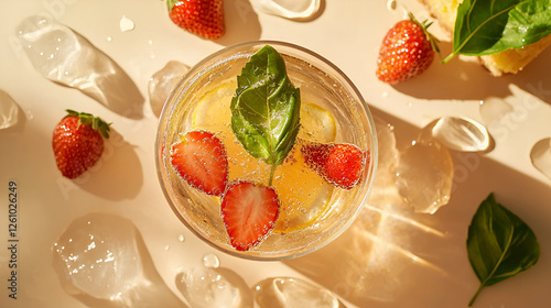 Refreshing summer drink with strawberries, lemon, and basil. Bubbles dance in the sunlight. Fresh & vibrant.