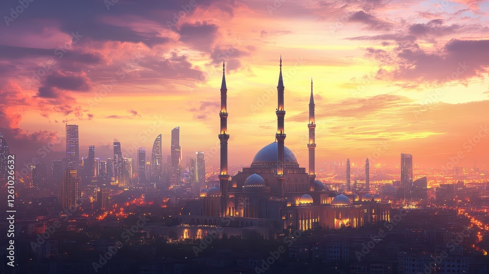 Fototapeta premium Modern Cityscape with Majestic Mosque, Sunset Sky and Illuminated Contemporary Buildings