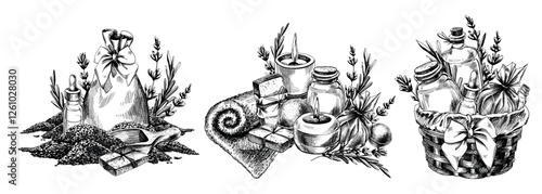 Handmade cosmetics, bath salts, soap, candles, bath bombs. Graphic illustration line art hand drawn in black and white monochrome. Set of elements
