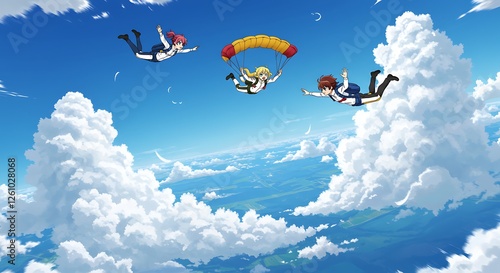 Anime Characters Skydiving with Parachute Over Cloudy Blue Sky Artwork