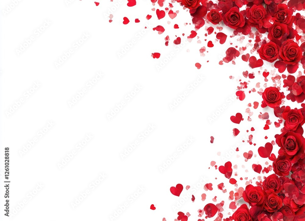 A flat lay of red roses with scattered petals on the right side, creating an elegant border for a Valentine's Day card design. A flat lay of red roses with scattered petals on the right side, creating an elegant border for a Valentine's Day card design.
