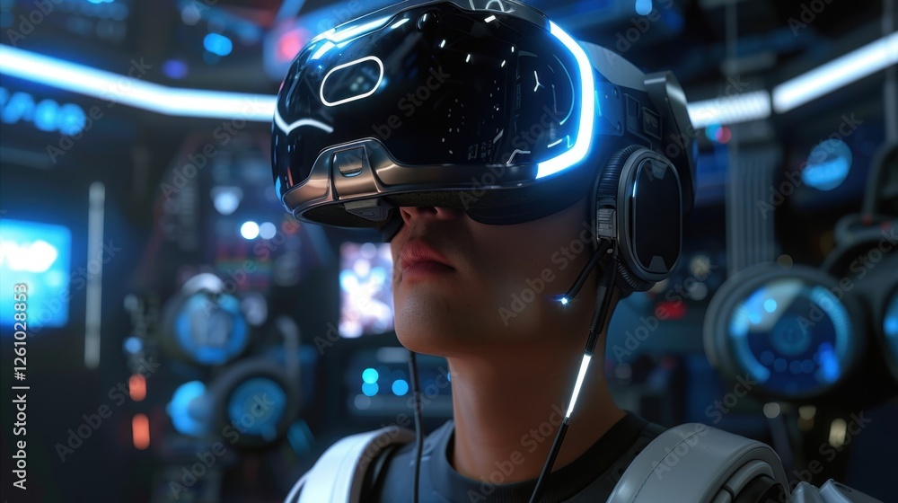 Fototapeta premium A futuristic landscape with a person wearing VR glasses, immersed in a digital world. Perfect for themes of technology, innovation, virtual reality, and future exploration.