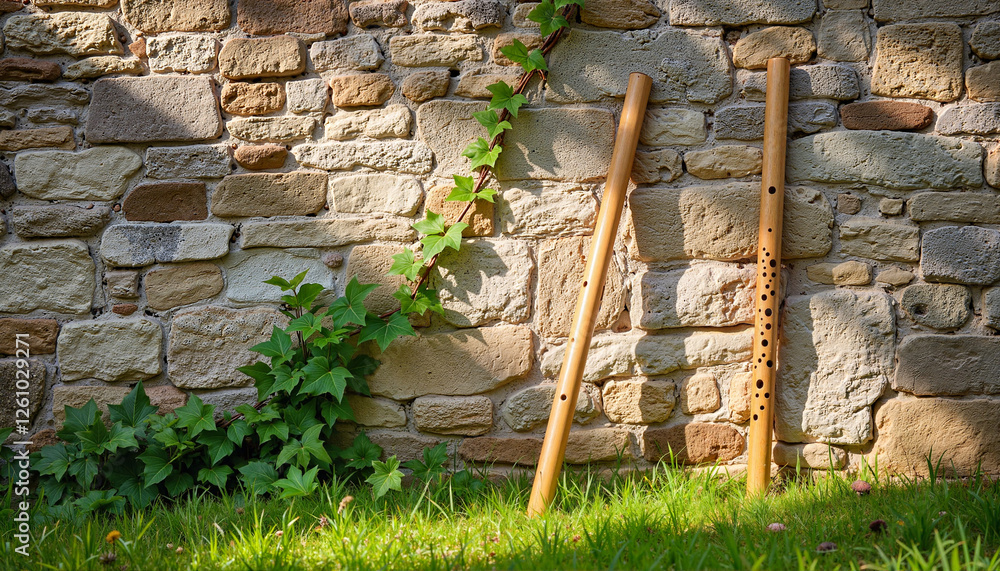 Beautiful shepherd flutes leaning against stone wall with greenery in sunlight Beautiful shepherd flutes leaning against stone wall with greenery in sunlight