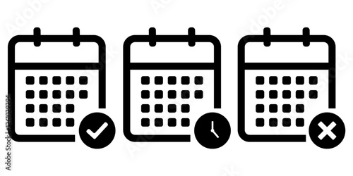 Calendar icons with checkmark, clock, and cancellation symbols, Calendar icon, Set of 3 calendars symbols, Calendar planner icon collection, Reminder organizer event signs, vector illustration.