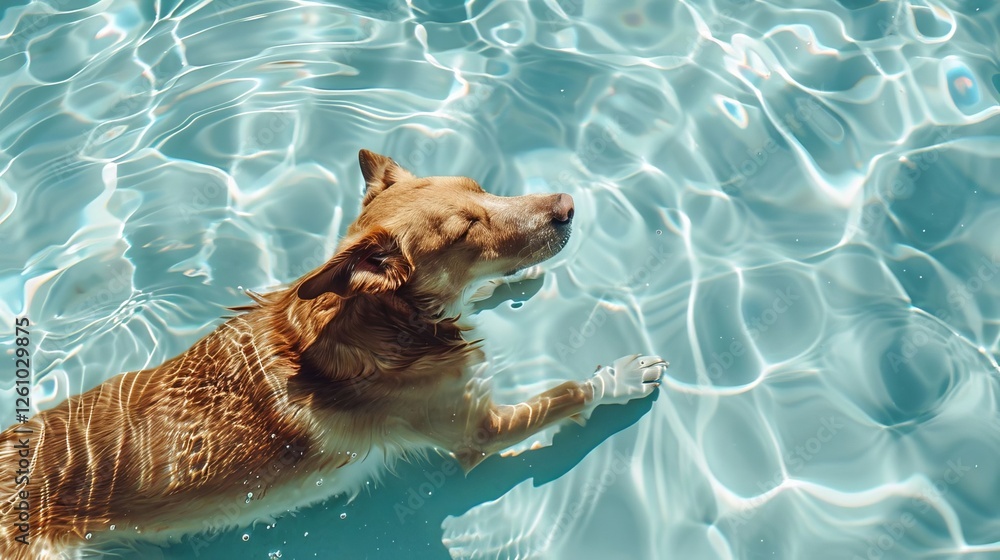 Golden Dog Relaxing in a Refreshing Pool of Teal Water on a Sunny Day Golden Dog Relaxing in a Refreshing Pool of Teal Water on a Sunny Day