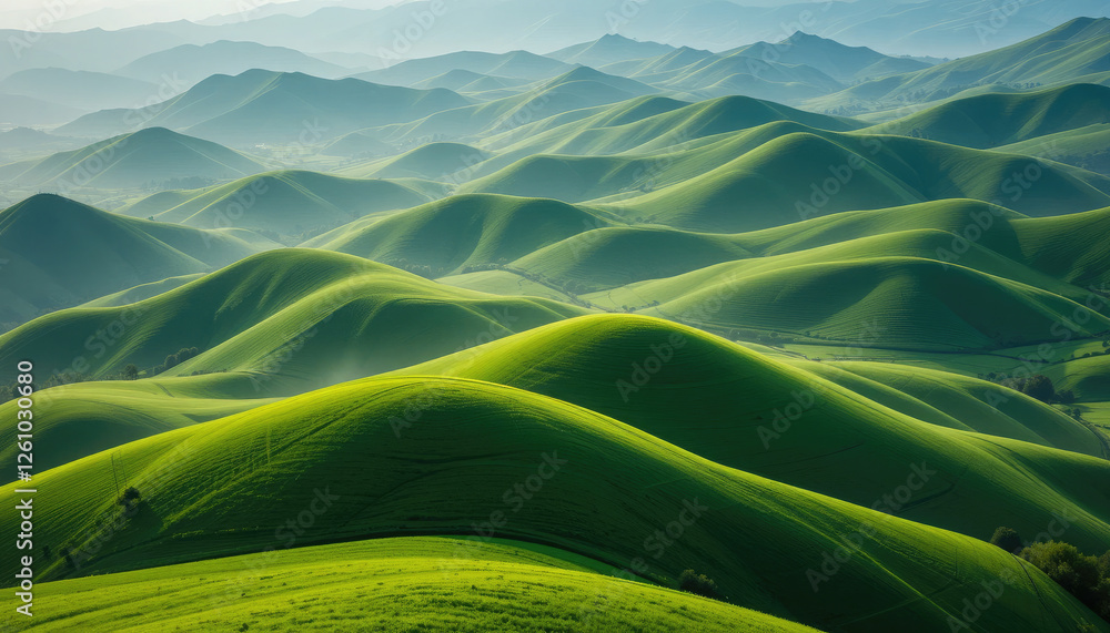 Scenic Rolling Green Hills Landscape with Lush Fields and Natural Sunlight. Scenic Rolling Green Hills Landscape with Lush Fields and Natural Sunlight.
