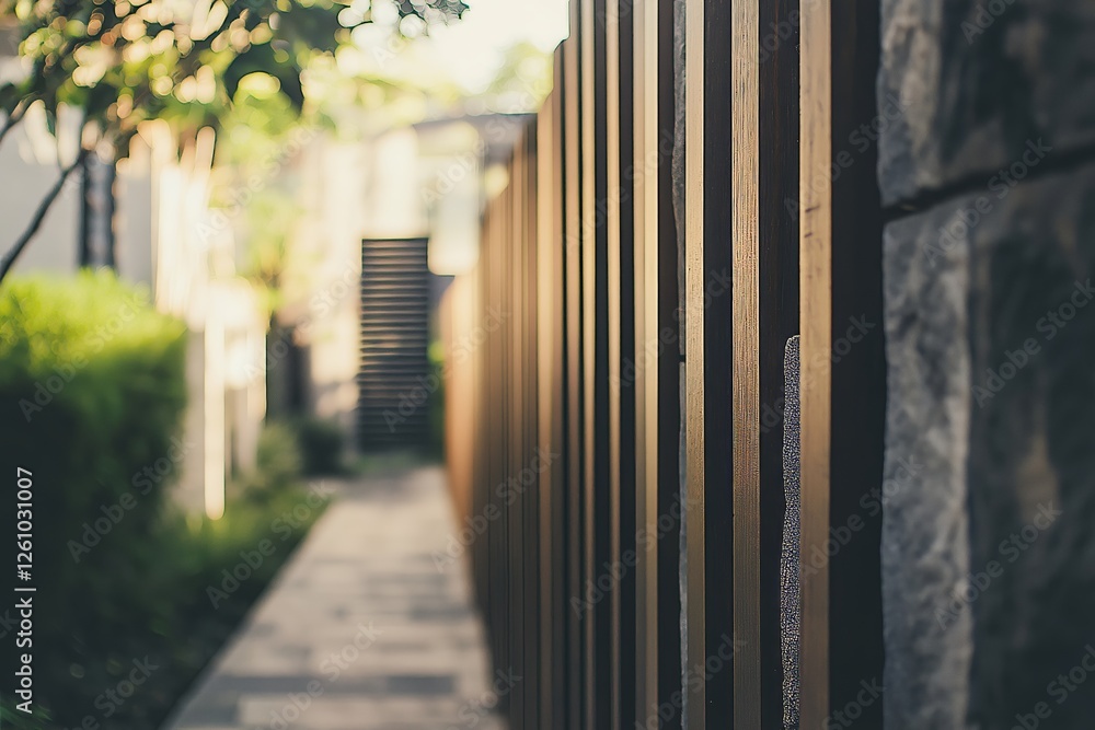 Image showcases modern house fence designs alongside path, reflecting elegant home planning. Concept emphasizes modern house fence designs to enhance outdoor aesthetics and privacy Image showcases modern house fence designs alongside path, reflecting elegant home planning. Concept emphasizes modern house fence designs to enhance outdoor aesthetics and privacy