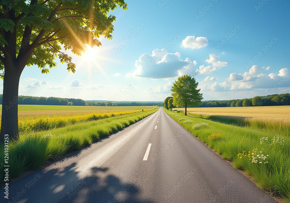 sunny summer day reveals serene asphalt road panorama sunny summer day reveals serene asphalt road panorama