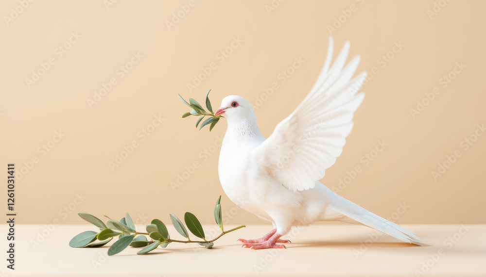 Elegant white dove holding olive branch on pastel background, peace symbolism Elegant white dove holding olive branch on pastel background, peace symbolism