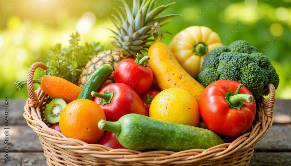 Colorful basket filled with fresh fruits and vegetables in park, charity symbol Colorful basket filled with fresh fruits and vegetables in park, charity symbol
