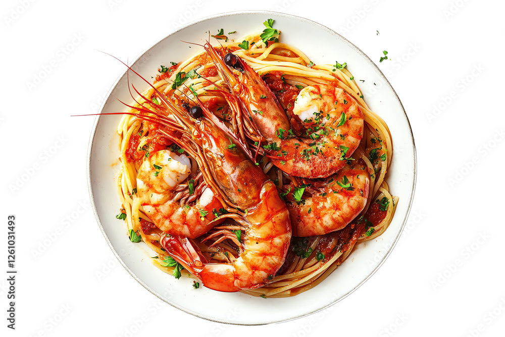 Delicious shrimp and pasta dish served in a white plate, garnished with herbs for a fresh touch. Delicious shrimp and pasta dish served in a white plate, garnished with herbs for a fresh touch.