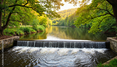 Scenic weir on tranquil river surrounded by lush greenery and trees