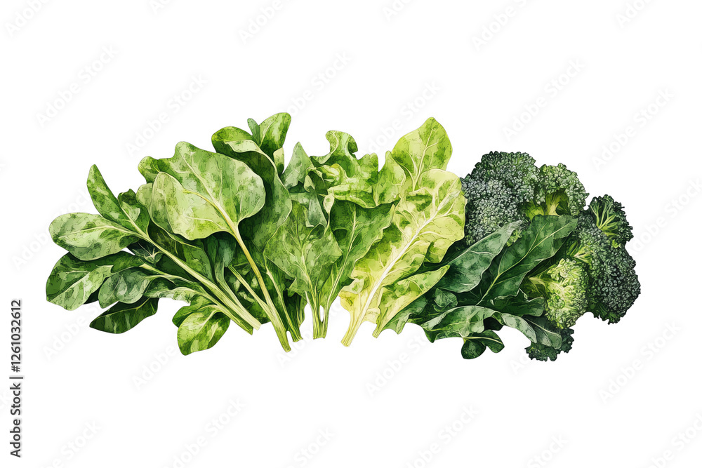 Fresh assortment of leafy greens including spinach, lettuce, and broccoli on a white isolate background, ideal for healthy meal concepts. Fresh assortment of leafy greens including spinach, lettuce, and broccoli on a white isolate background, ideal for healthy meal concepts.