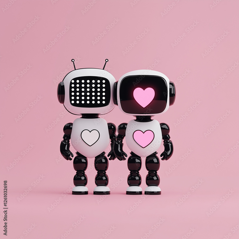 A couple of cute robots with heart-shaped eyes and hearts on their chest, standing side by side on a pink background. Minimal Valentine's Day and wedding card A couple of cute robots with heart-shaped eyes and hearts on their chest, standing side by side on a pink background. Minimal Valentine's Day and wedding card