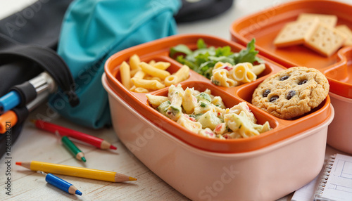 Colorful school lunchbox with pasta salad, cookie, and vegetables placed on study table